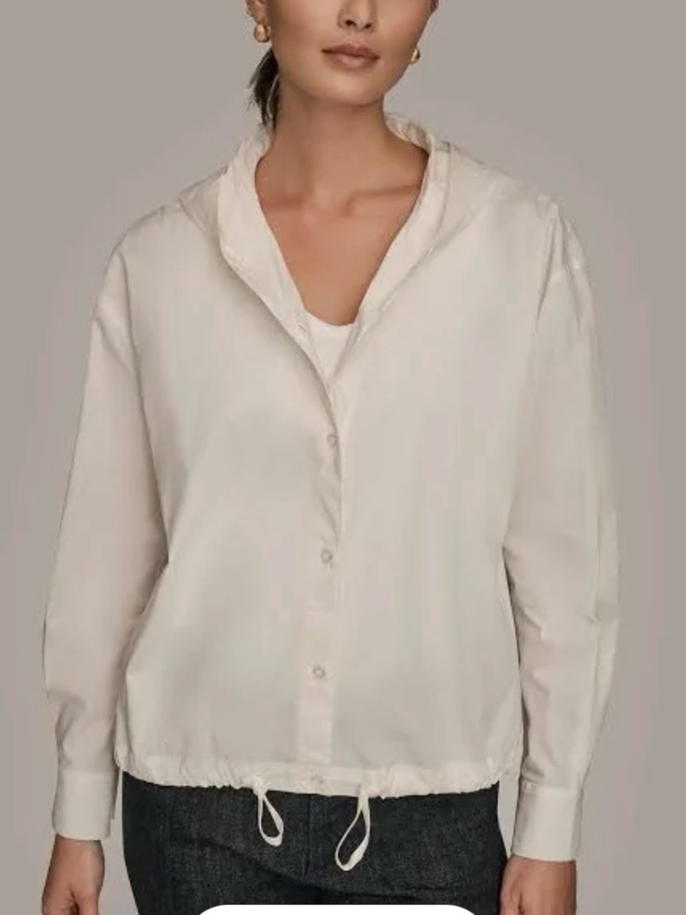 Donna Karan Button-Down Hooded Drawstring Top